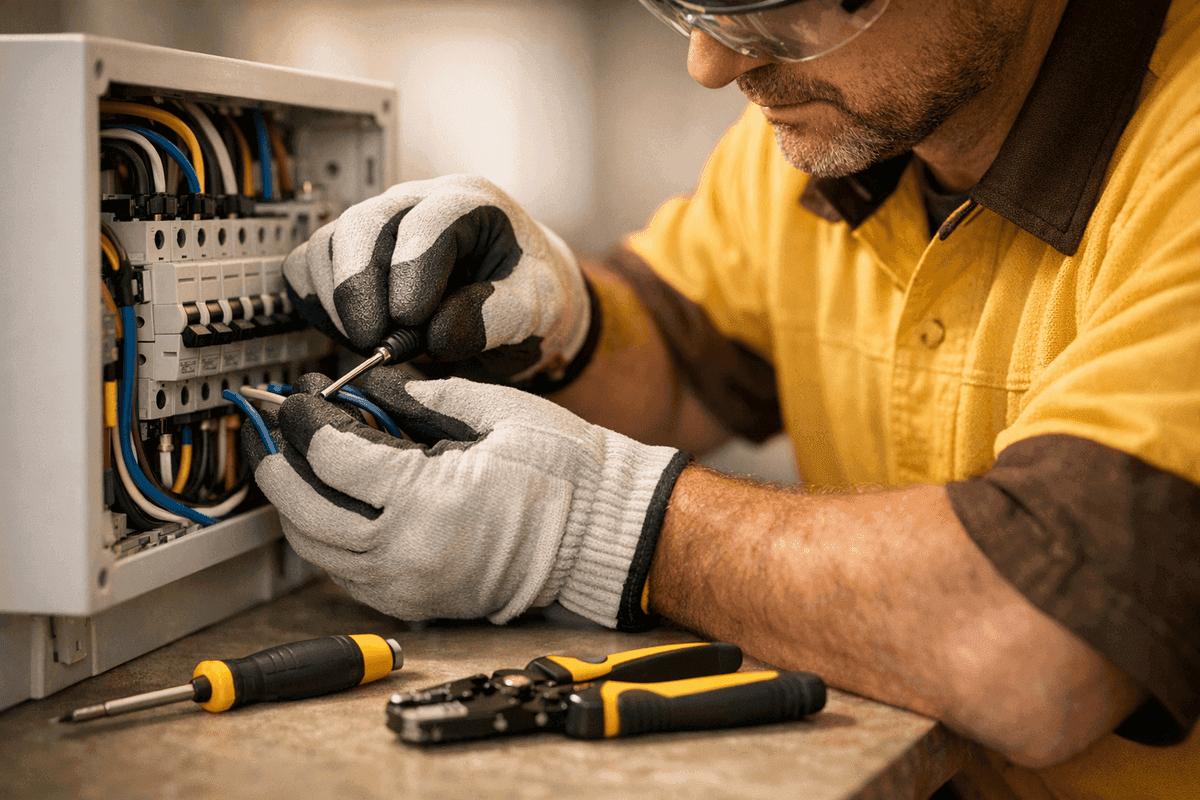 Close-up of electrician’s gloved hands wiring electrical panel with tools on workbench