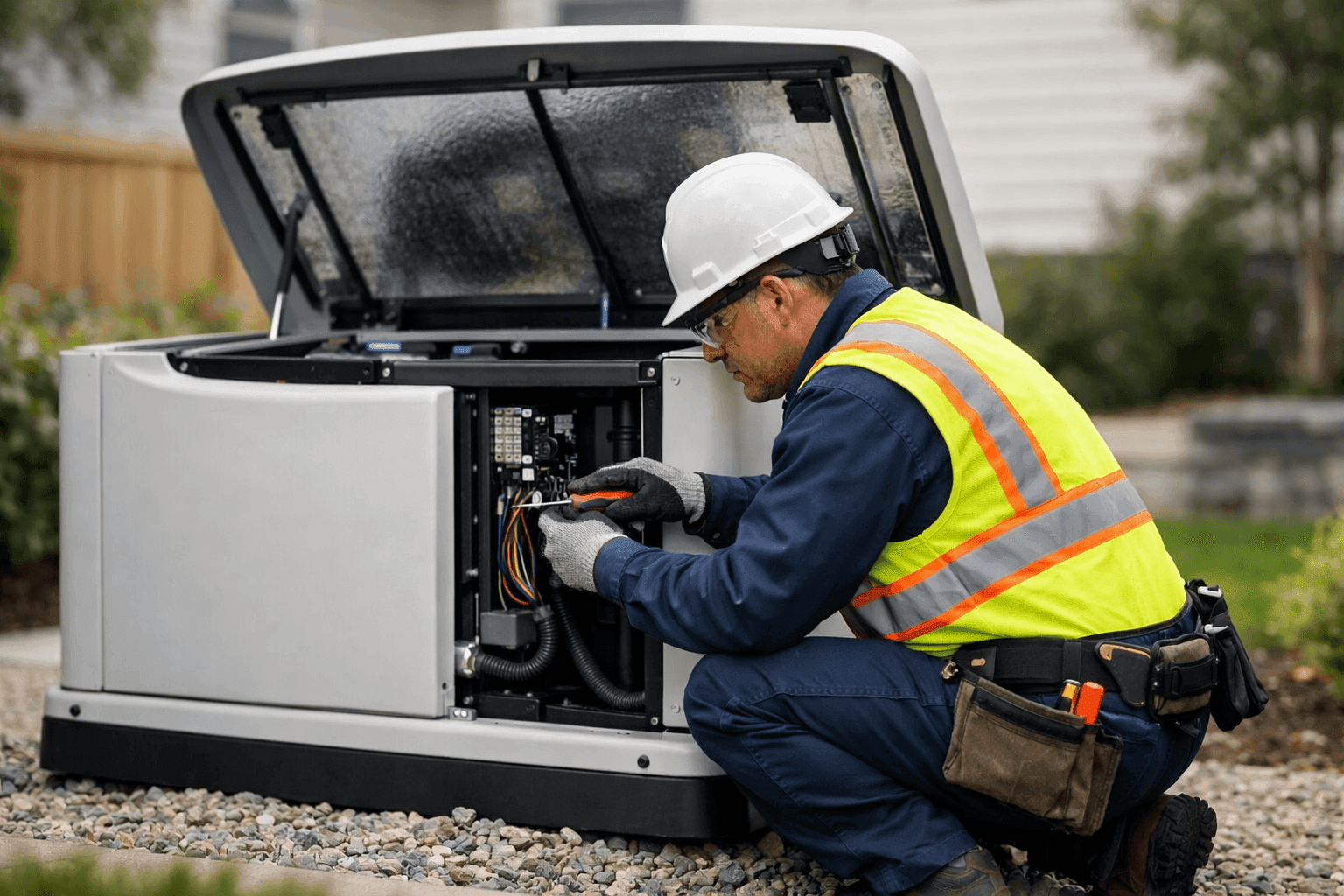 Electrician installing a backup generator outside a building