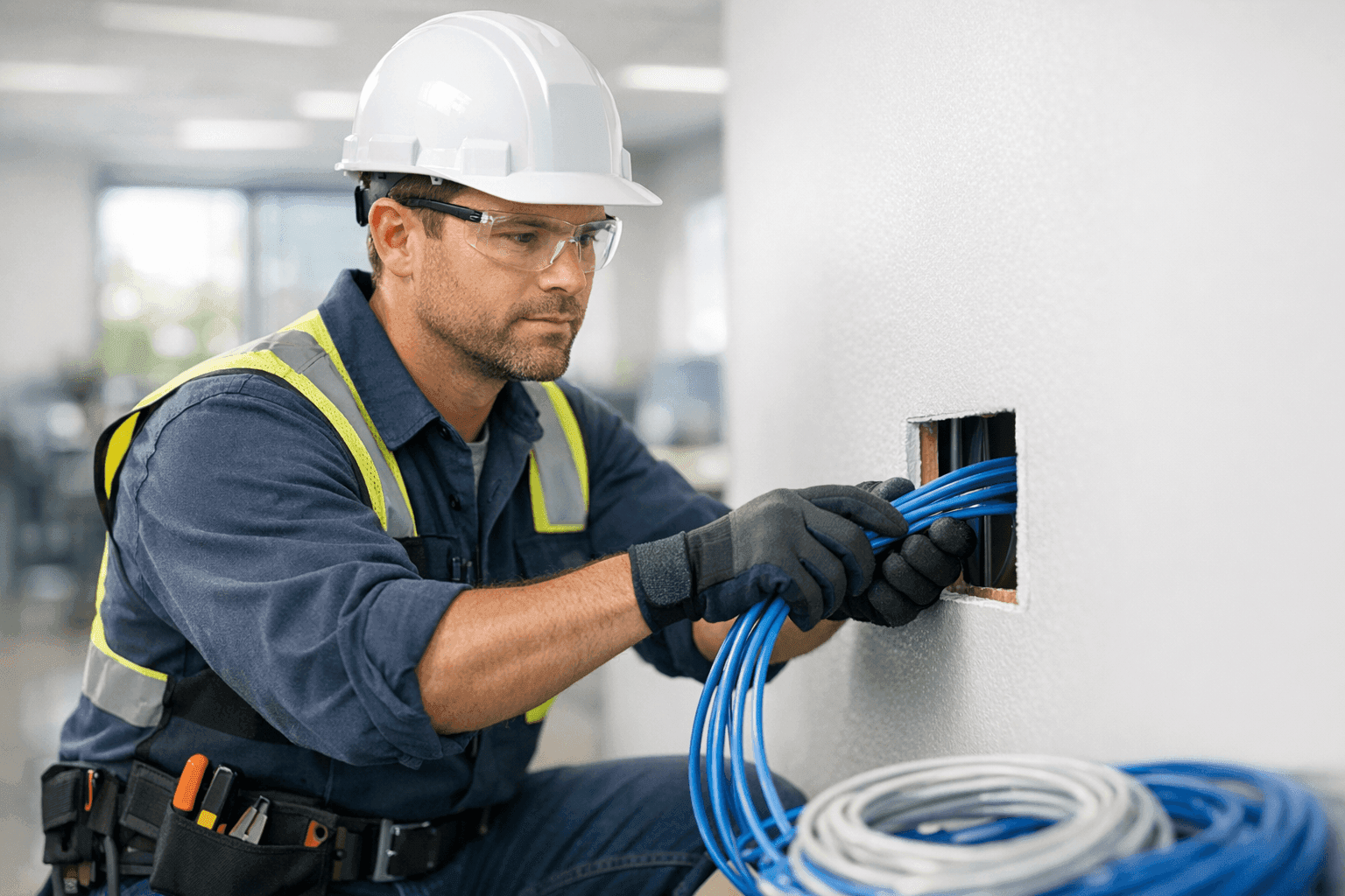 Electrician installing ethernet data cabling in office