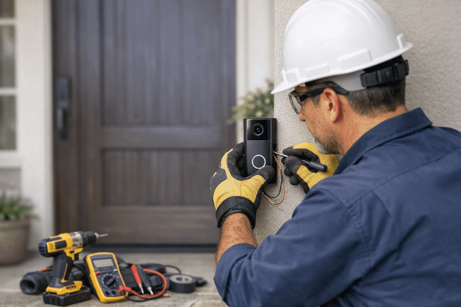 Electrician installing smart doorbell at home entrance