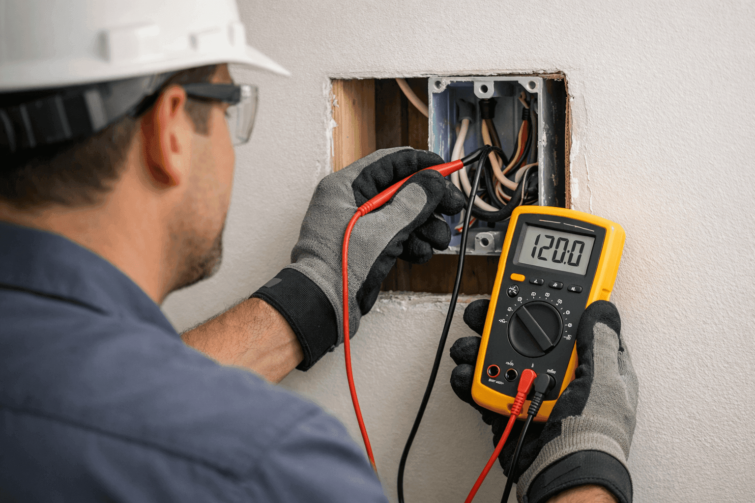 Electrician using diagnostic tools to find electrical fault