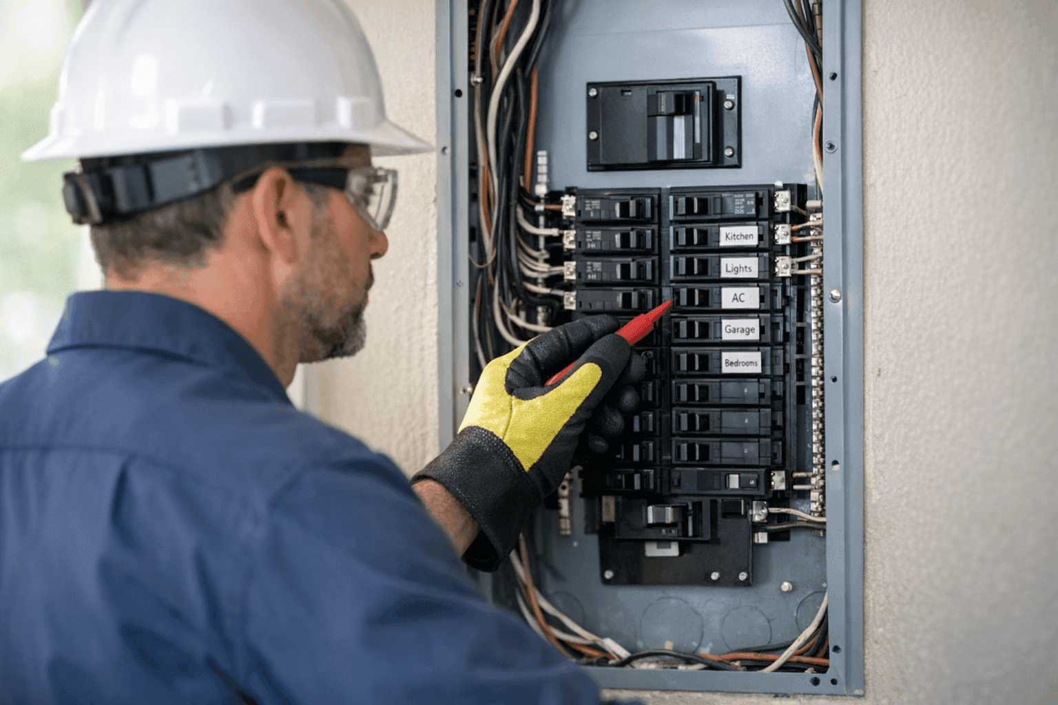 Electrician inspecting residential electrical panel for safety