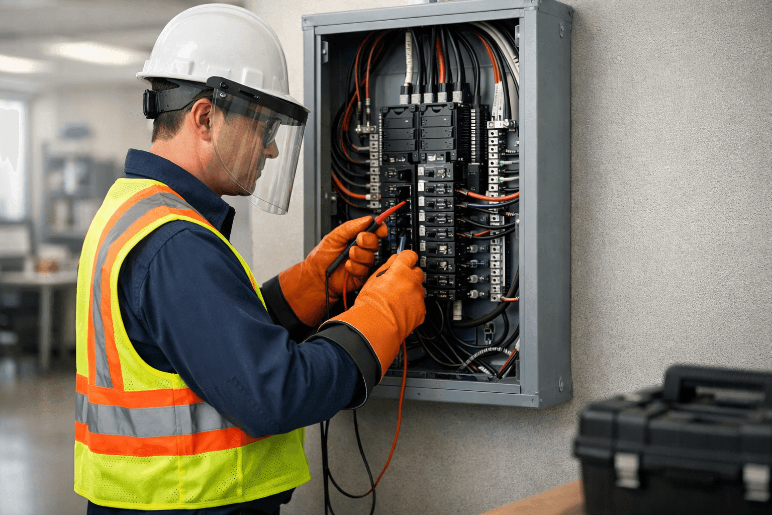 Electrician inspecting electrical panel in business setting