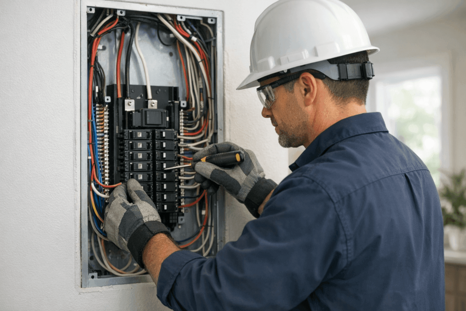 Electrician upgrading electrical panel for energy efficiency