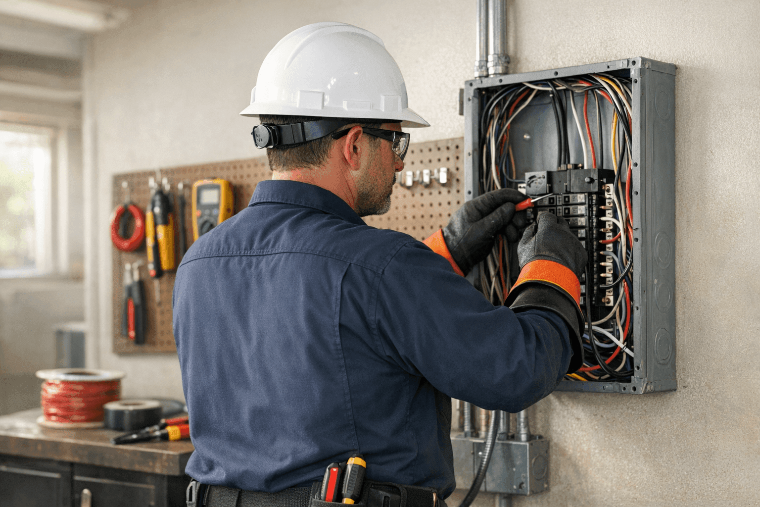 Electrician upgrading electrical wiring in an older business
