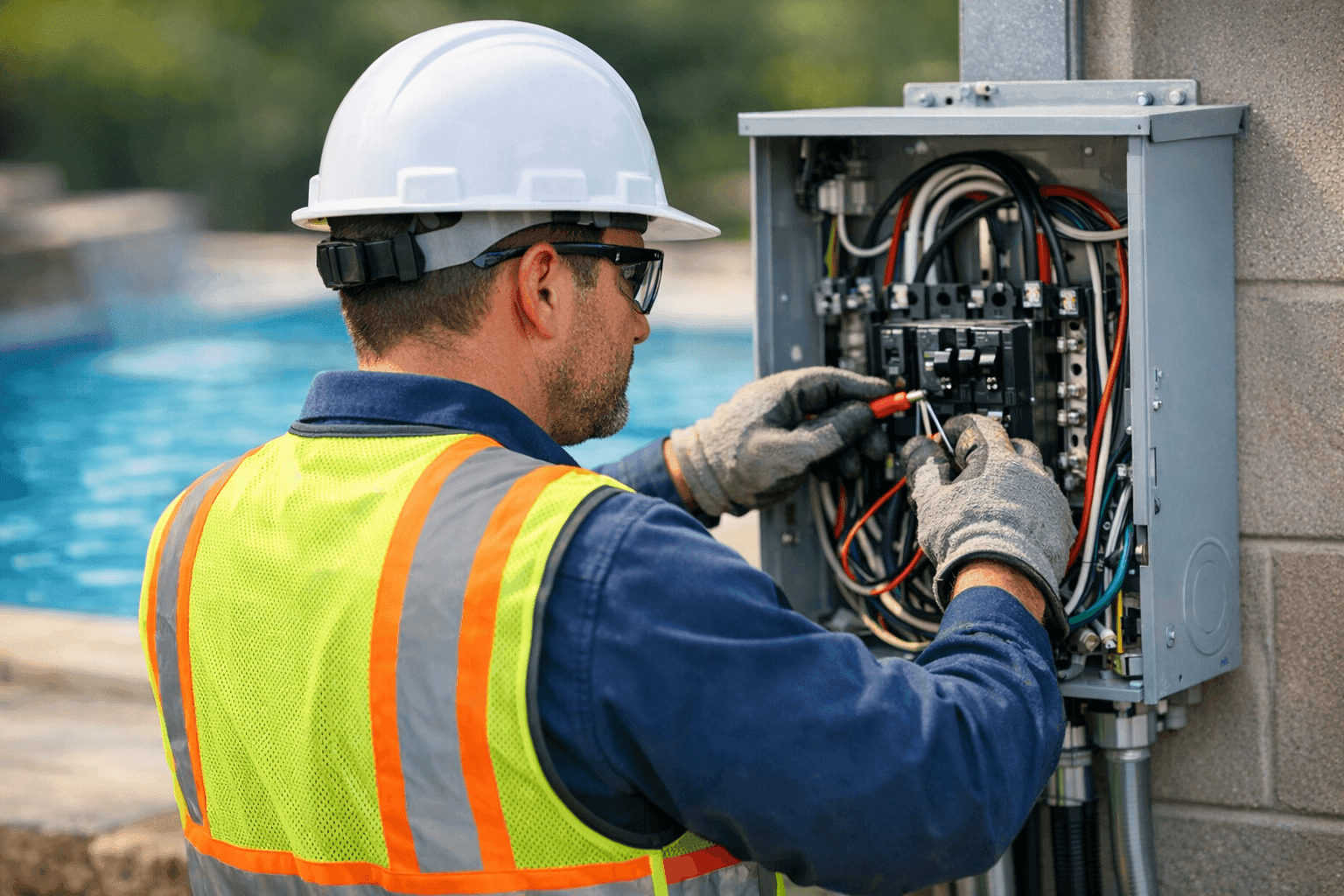 Electrician wiring pool electrical panel outdoors