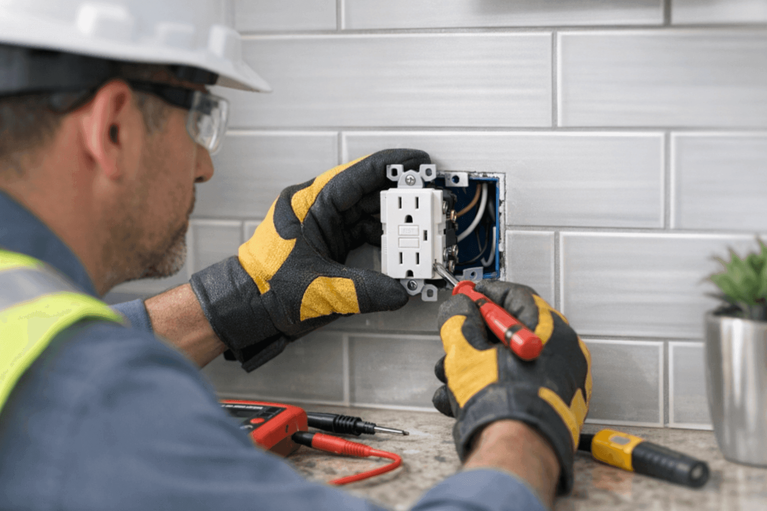 Electrician installing GFCI outlet in kitchen