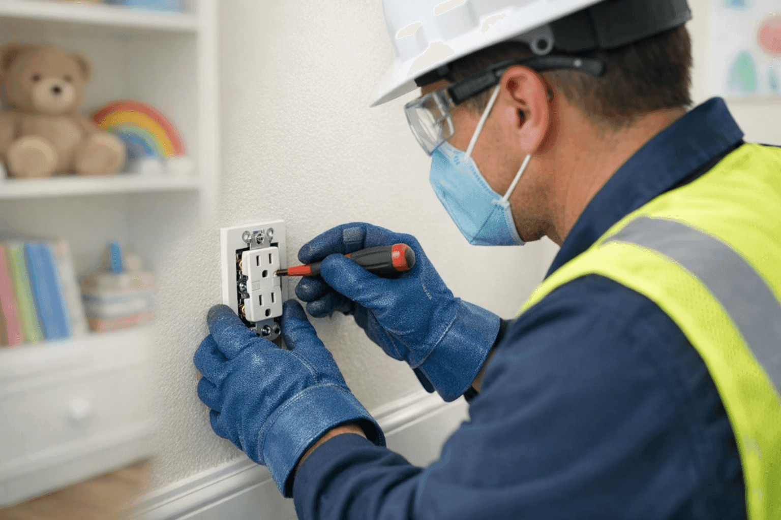 Electrician installing childproof outlet in family home