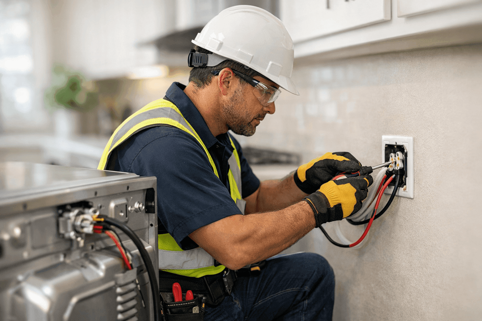 Electrician installing new appliance in home kitchen