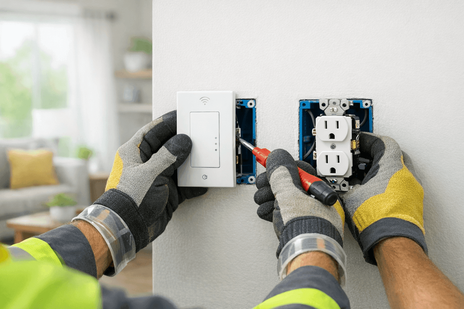 Electrician installing modern outlet and switch in home wall