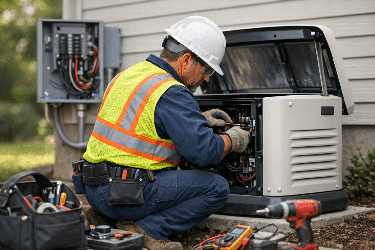Electrician installing backup generator outside home
