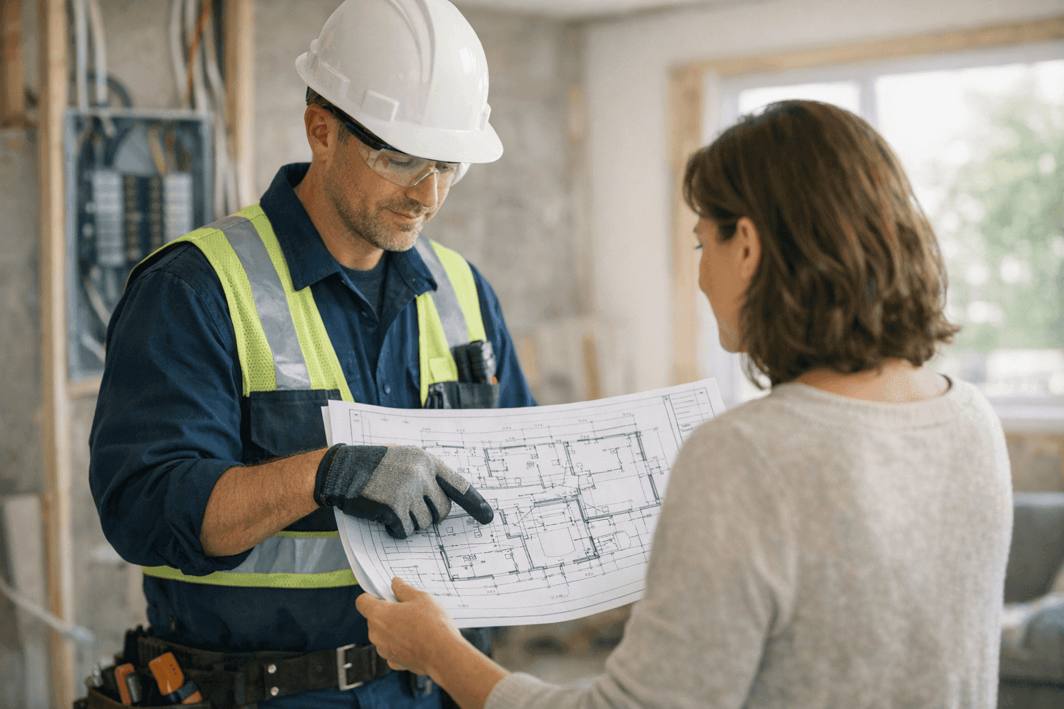 Electrician reviewing renovation plans with homeowner