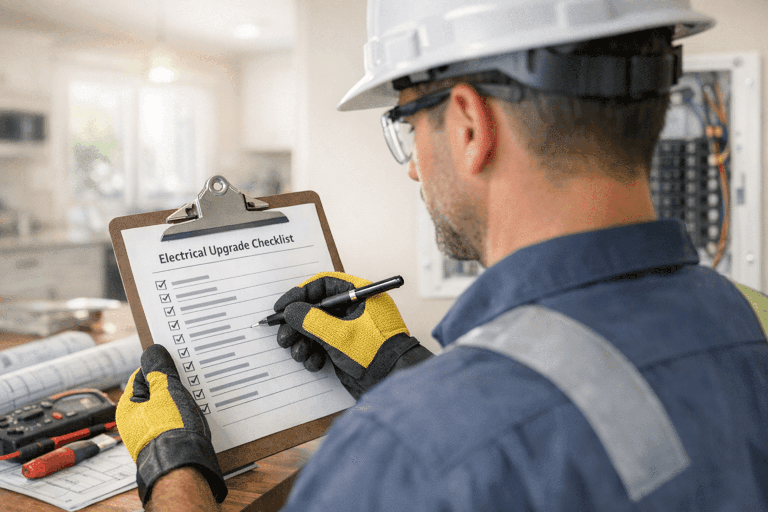 Electrician reviewing upgrade checklist before electrical work