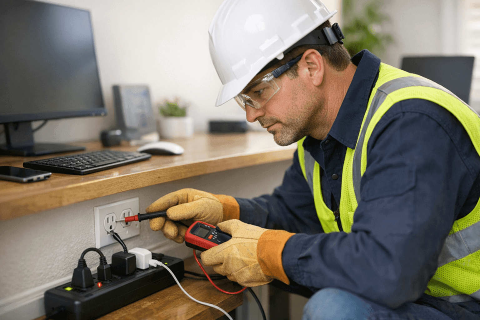 Electrician inspecting home office wiring and outlets