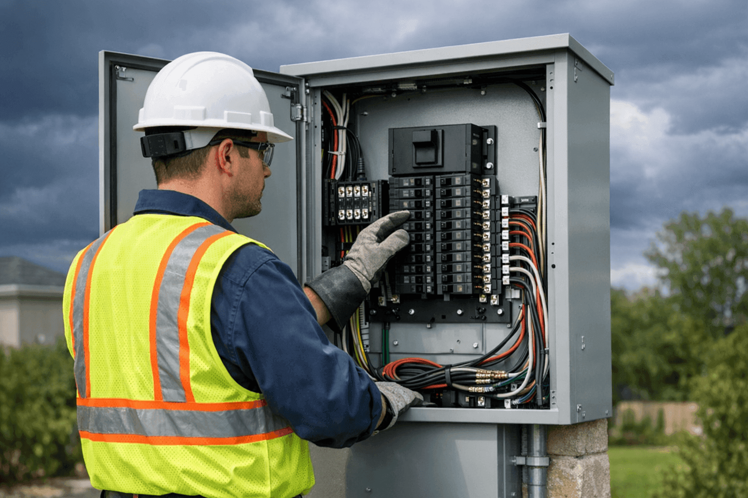 Electrician inspecting outdoor electrical panel before storm