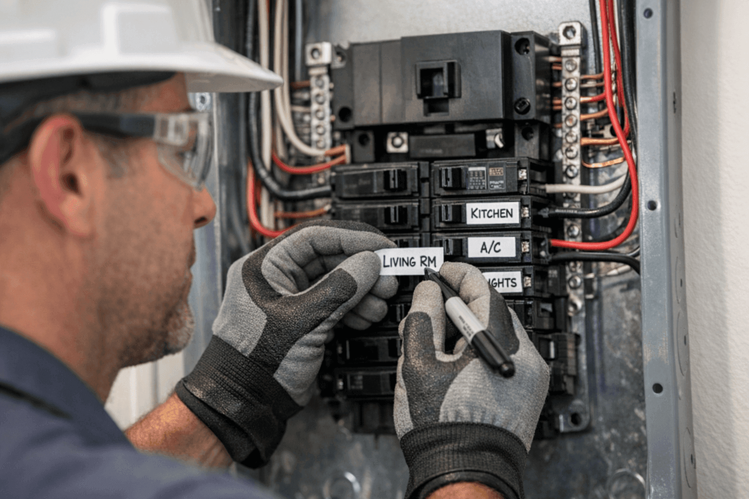 Electrician labeling residential electrical panel breakers