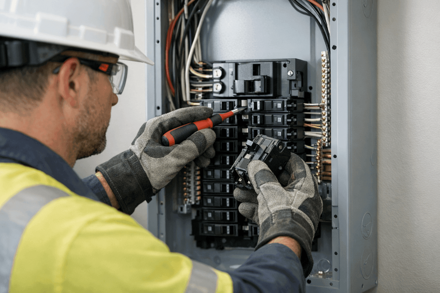 Electrician installing new circuit in residential panel