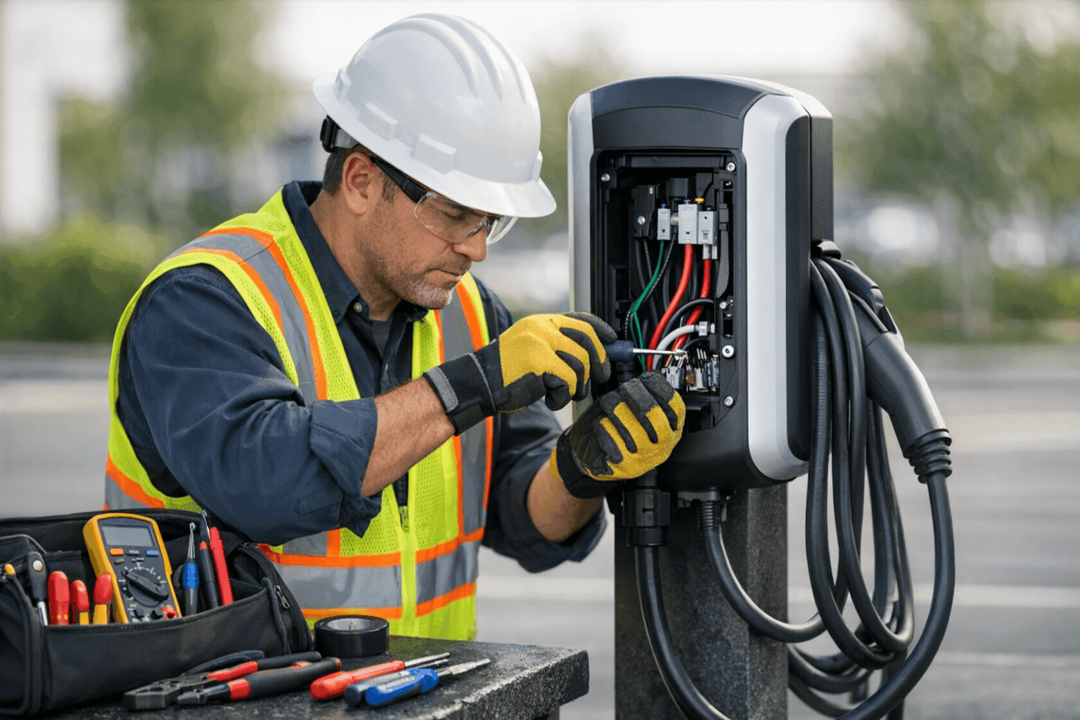 Electrician installing EV charger in business parking area