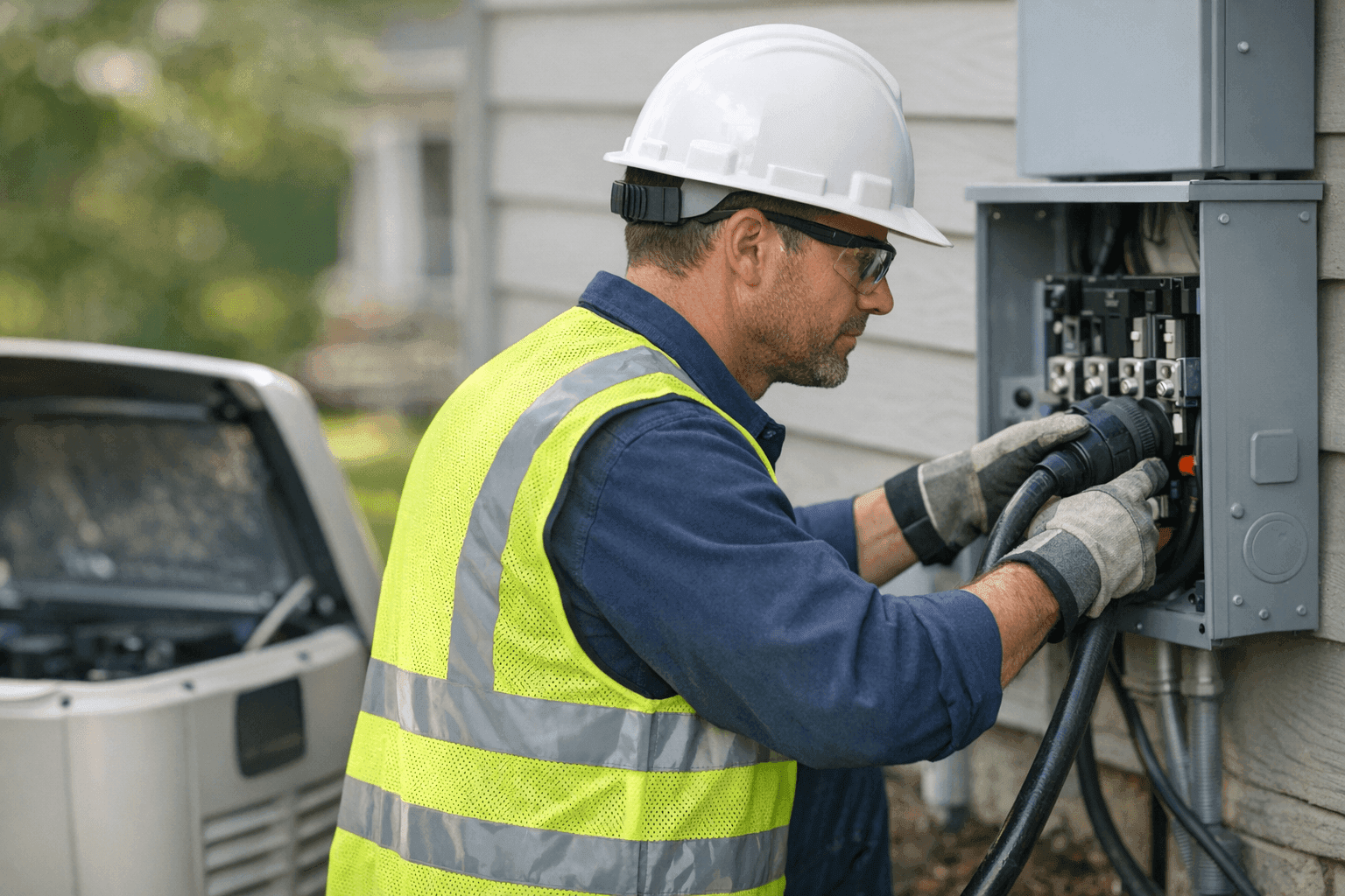 Electrician connecting standby backup generator outdoors
