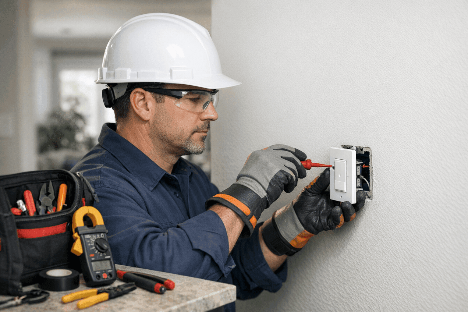 Electrician installing smart light switch in home