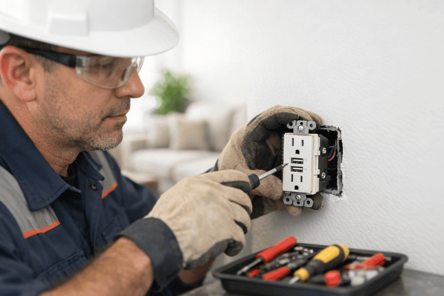 Electrician installing USB outlet in living room wall