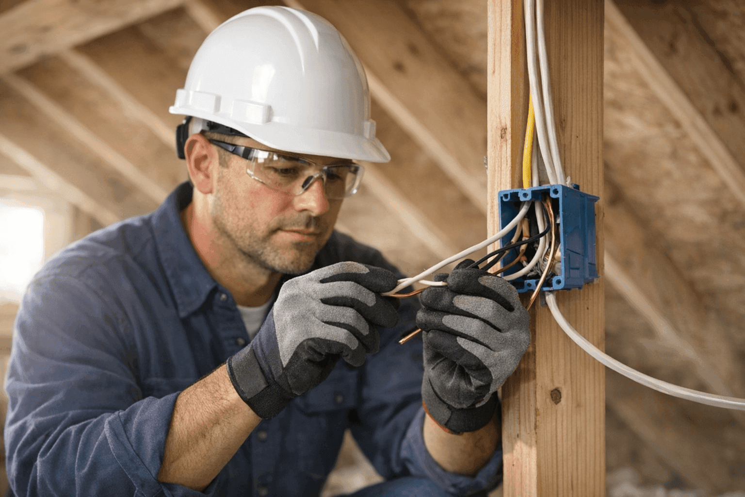 Electrician inspecting old wiring in home attic