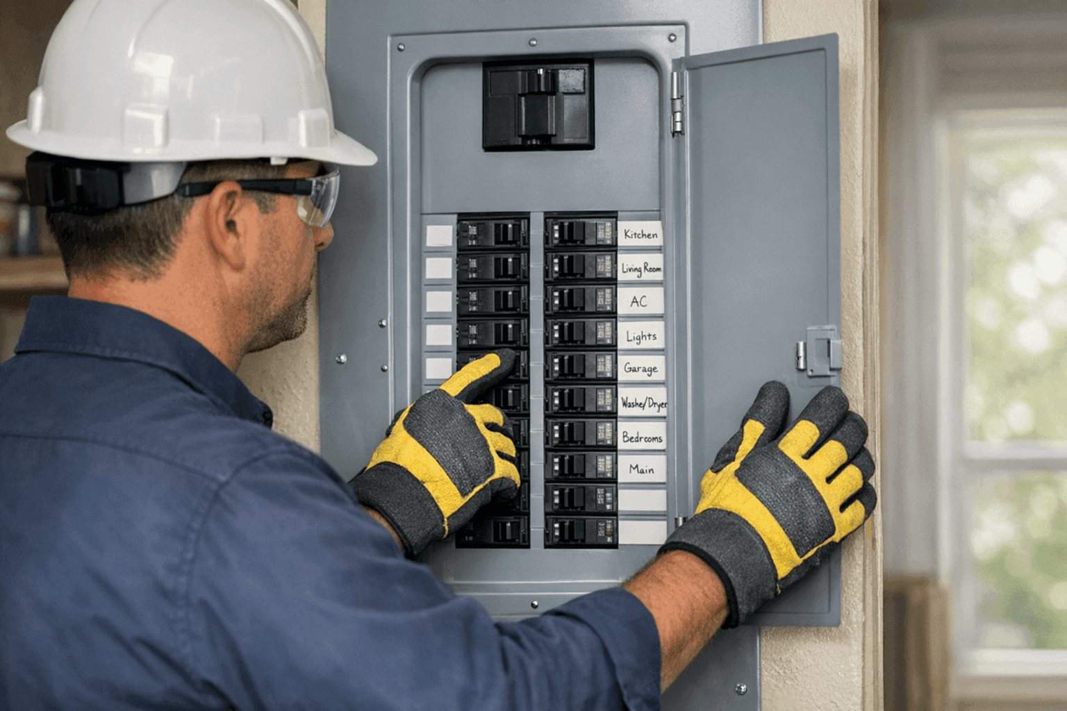 Electrician examining residential circuit breaker panel