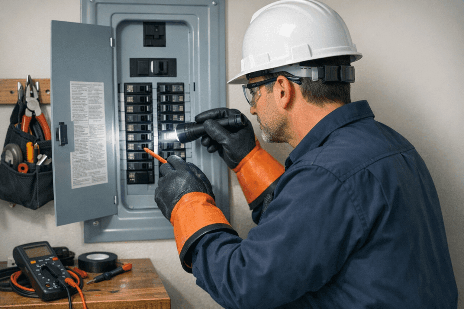 Homeowner checking a breaker panel with tools and safety gloves