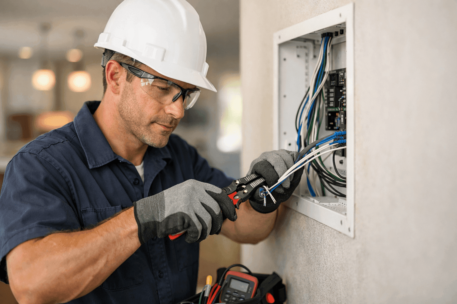 Electrician installing low voltage wiring for security system