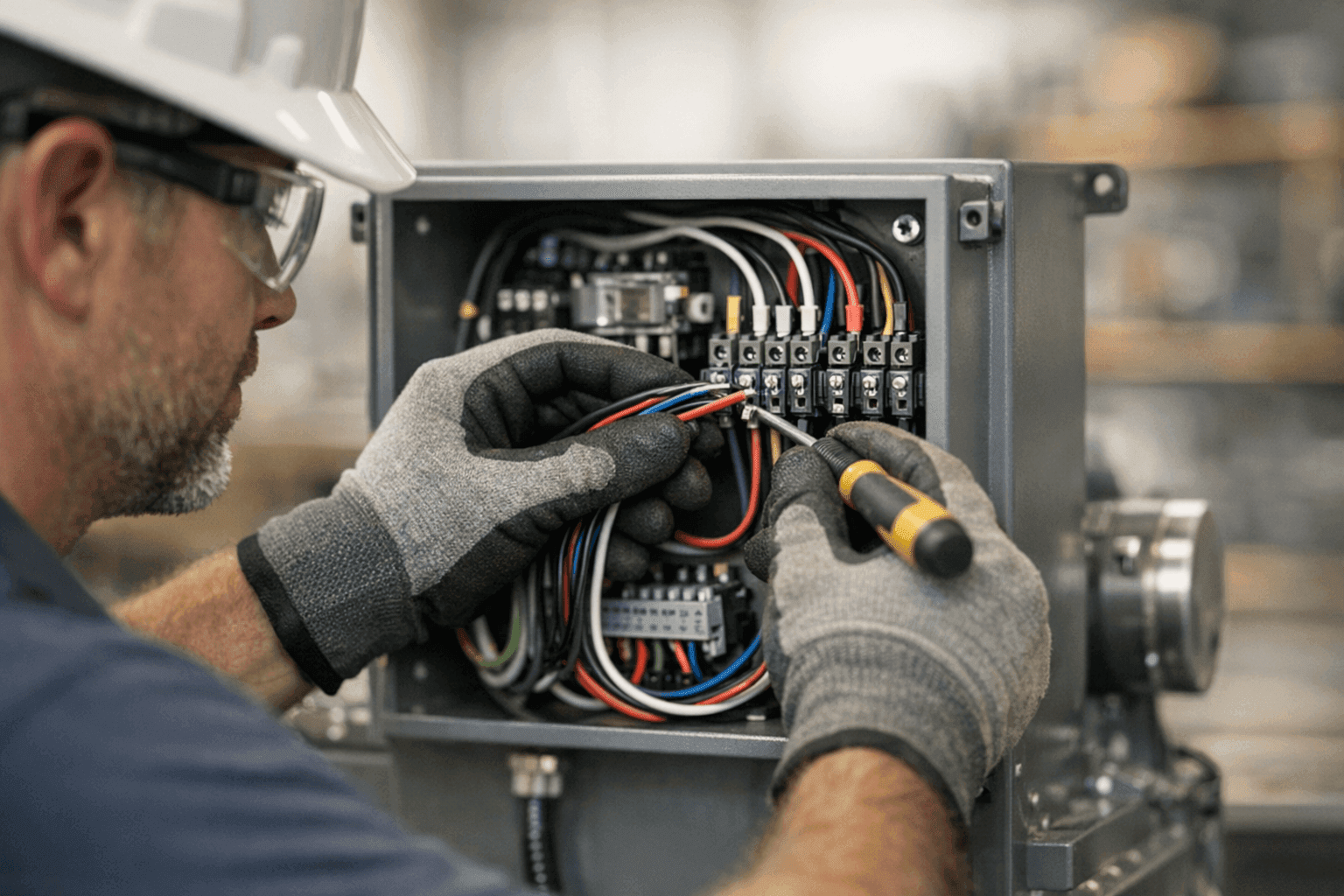 Electrician wiring machinery in commercial workspace