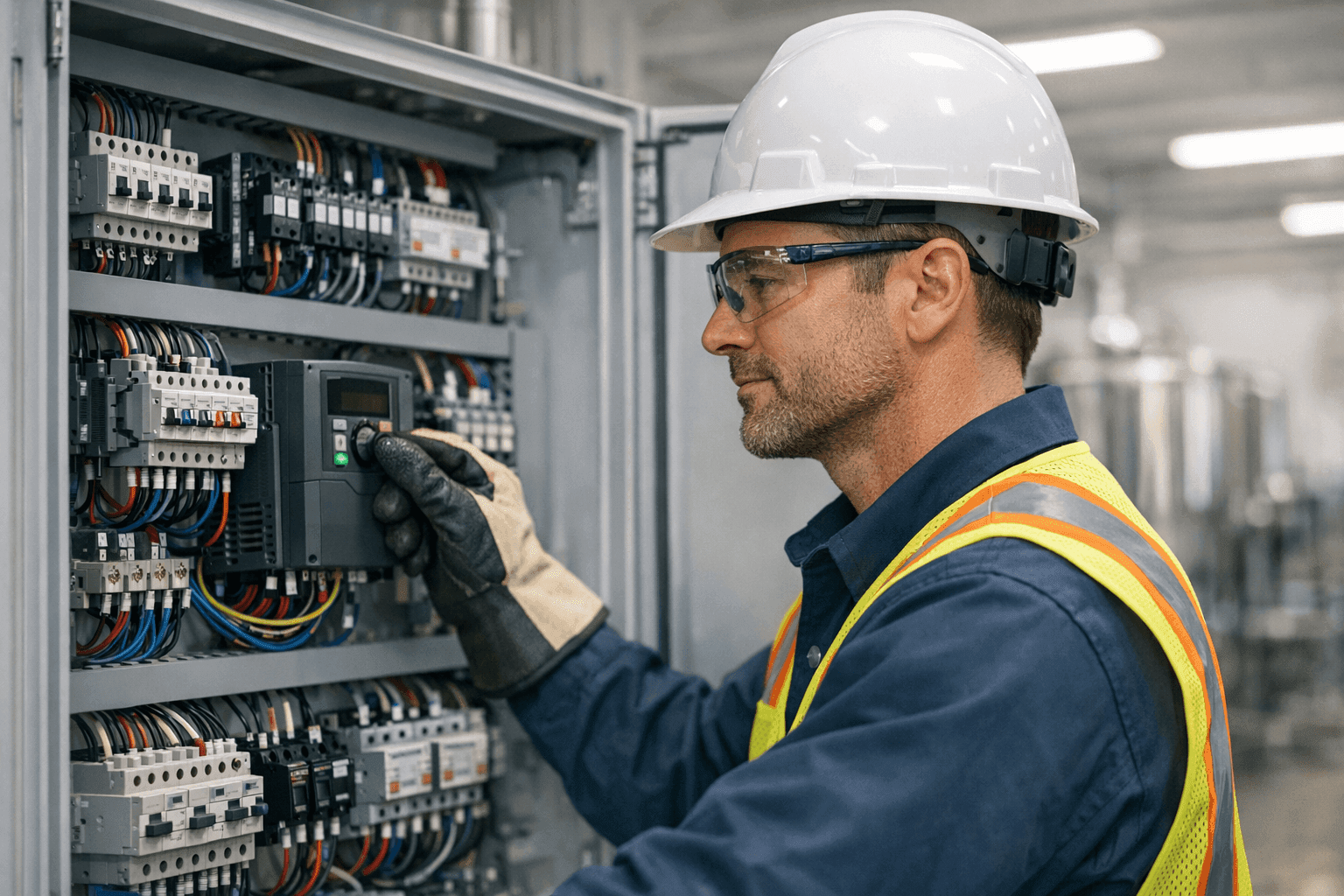 Electrician configuring motor control system in industrial panel