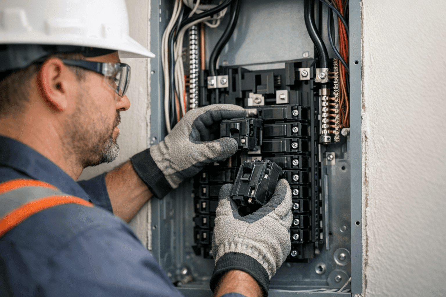 Electrician replacing breaker in residential electrical panel