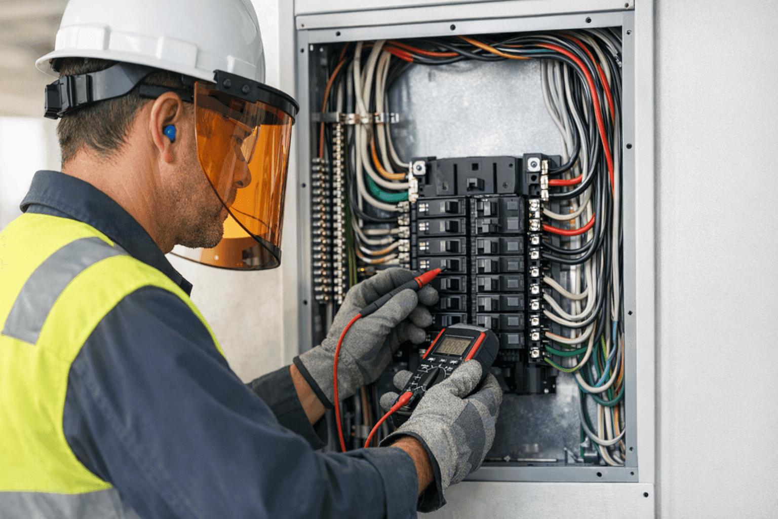 Electrician inspecting wiring to prevent electrical fire