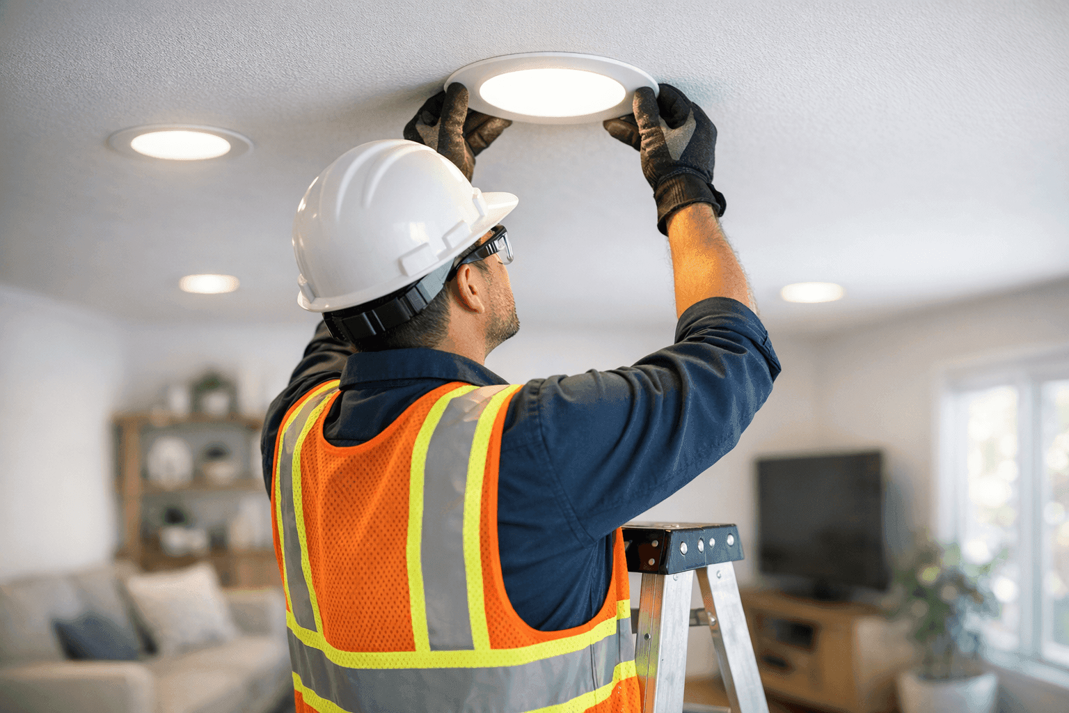 Electrician installing modern LED ceiling lights in home