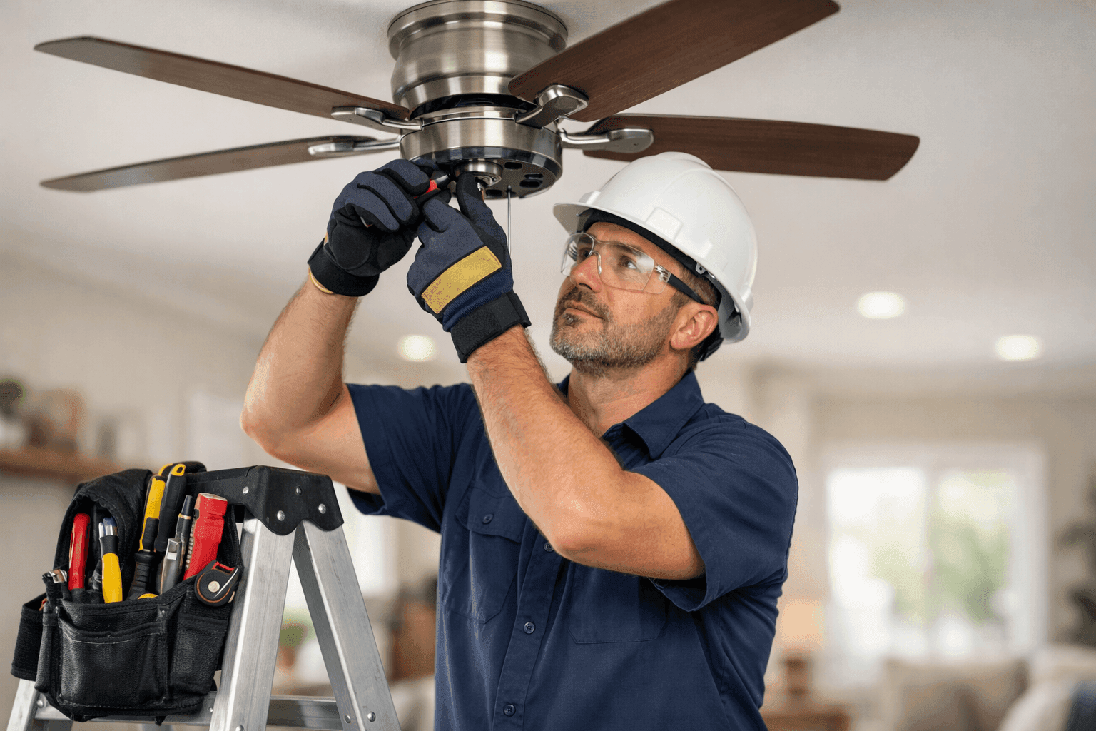 Electrician maintaining ceiling fan in living room