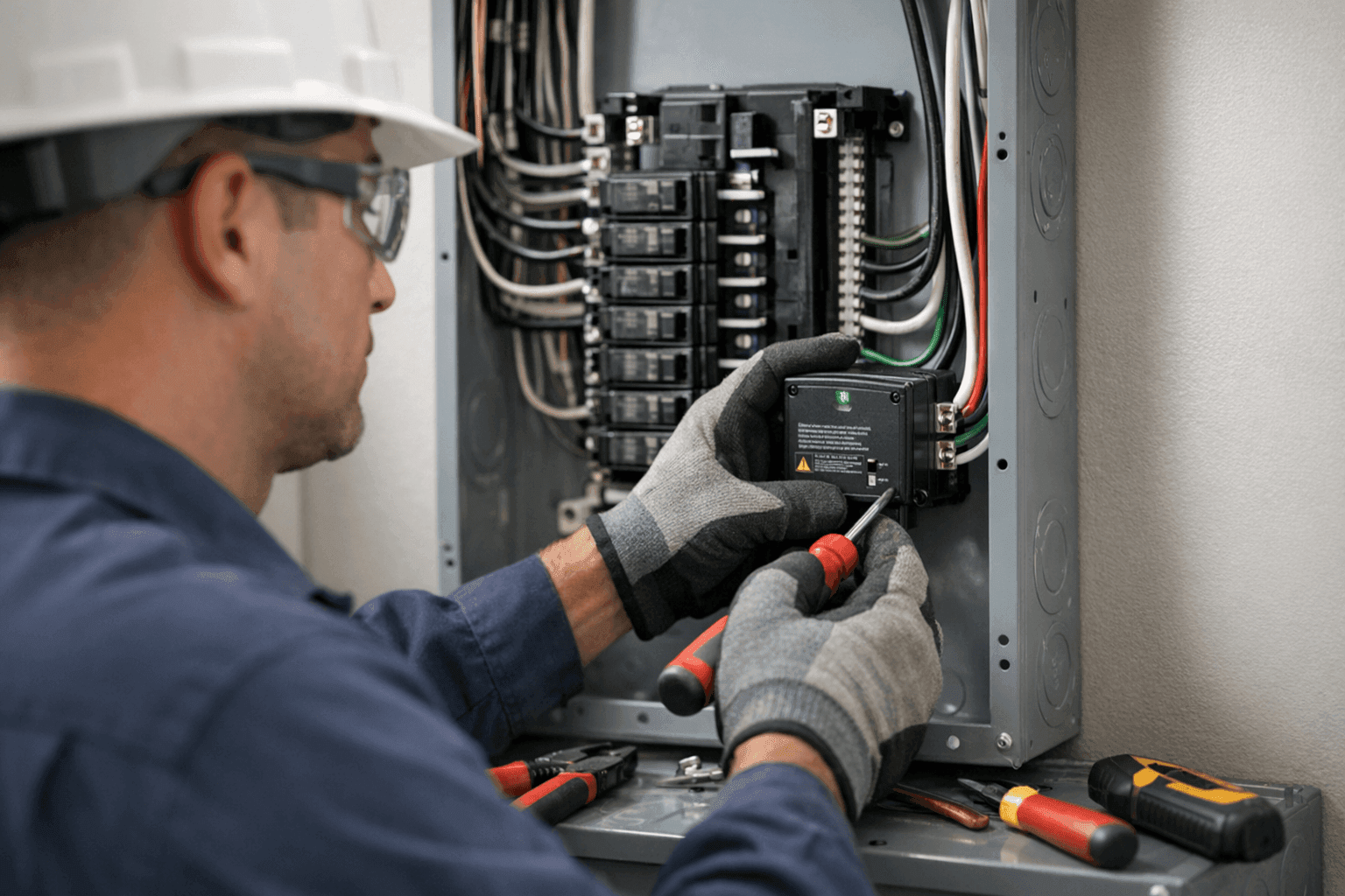Electrician installing whole-house surge protector at main panel
