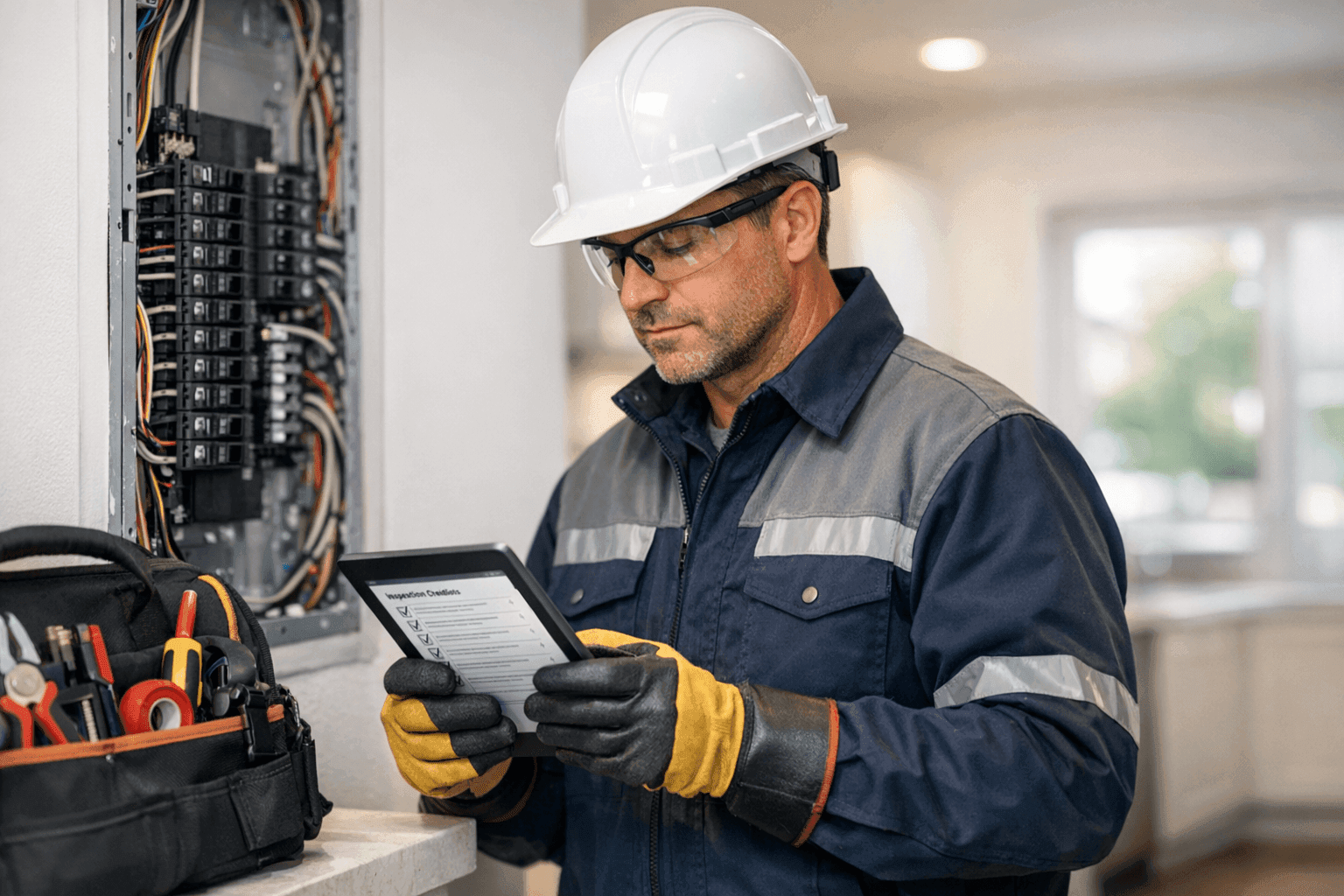 Electrician checking code compliance during inspection