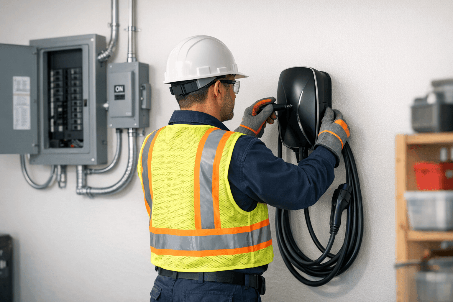 Electrician installing an EV charger in a residential garage