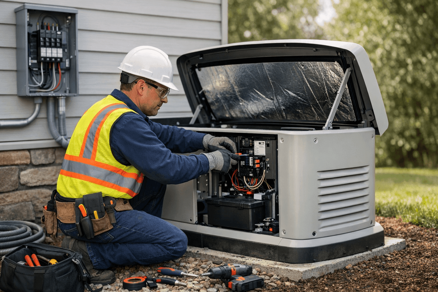 Electrician installing home backup generator