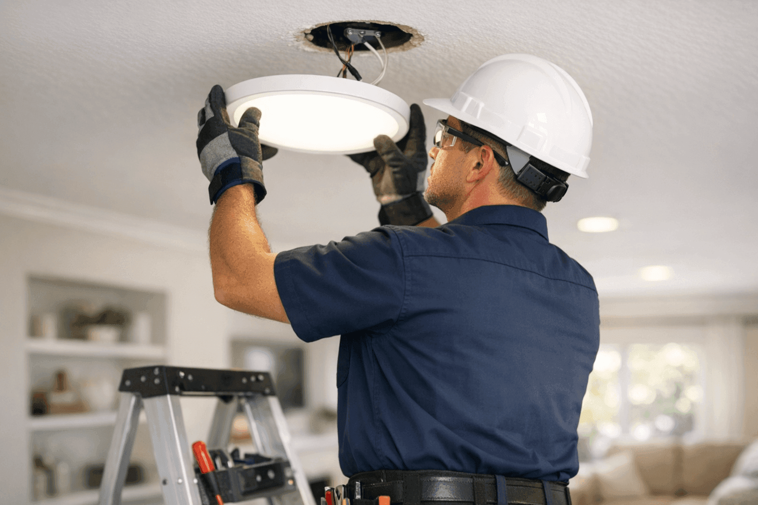 Electrician replacing old ceiling light fixture in living room