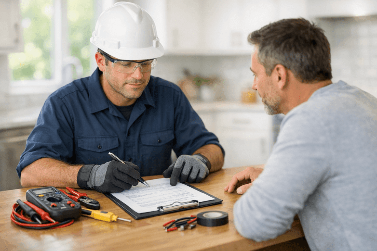 Electrician reviewing repair estimate with homeowner