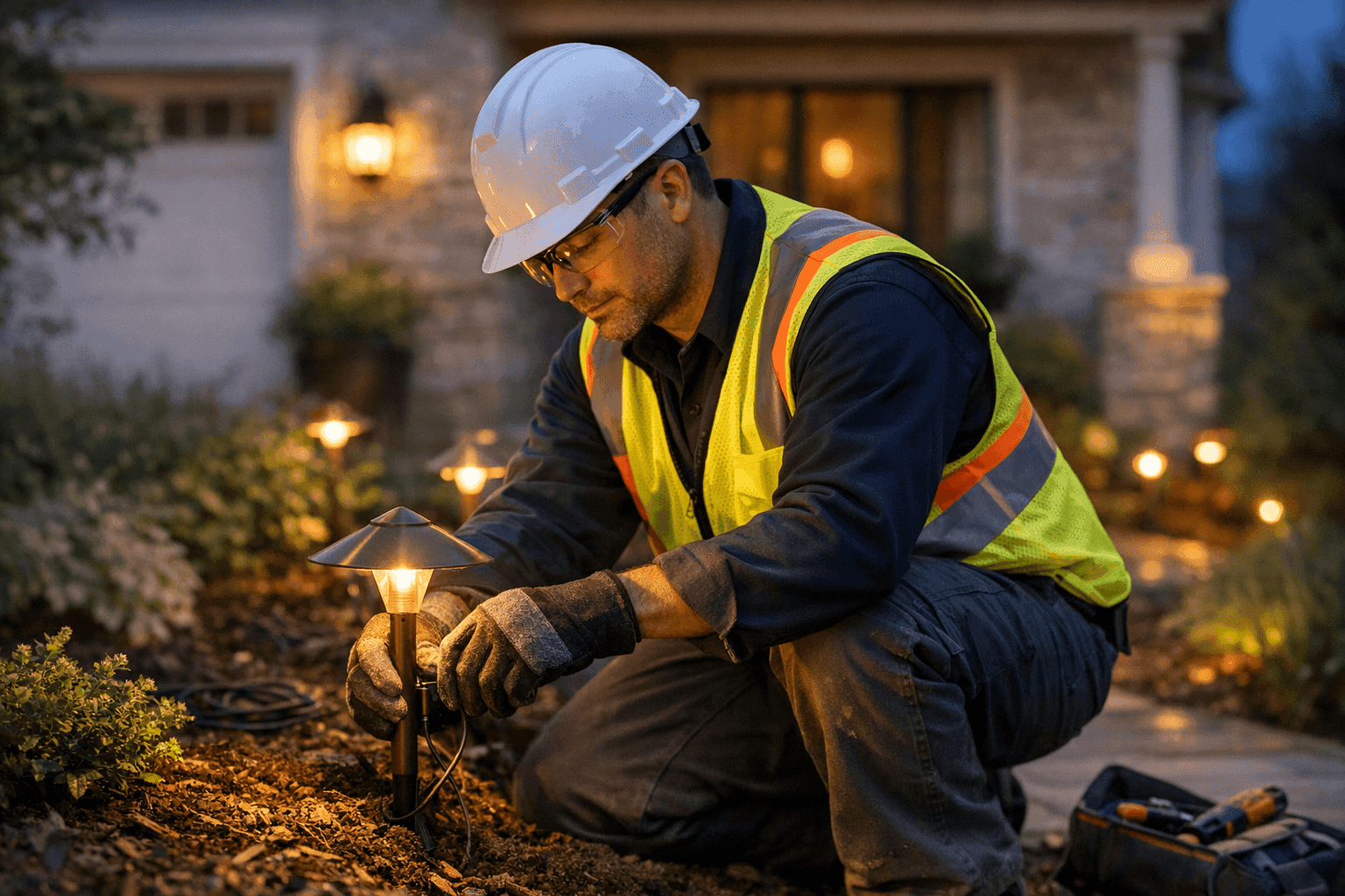 Electrician installing outdoor lighting in home's front yard