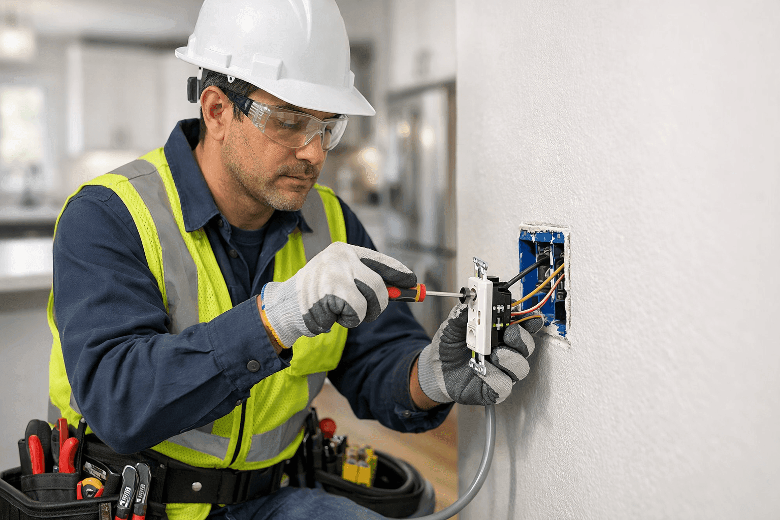 Electrician wiring dedicated circuit for kitchen appliance