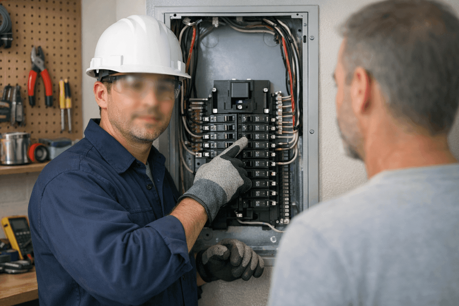 Electrician explaining circuit breakers in home panel