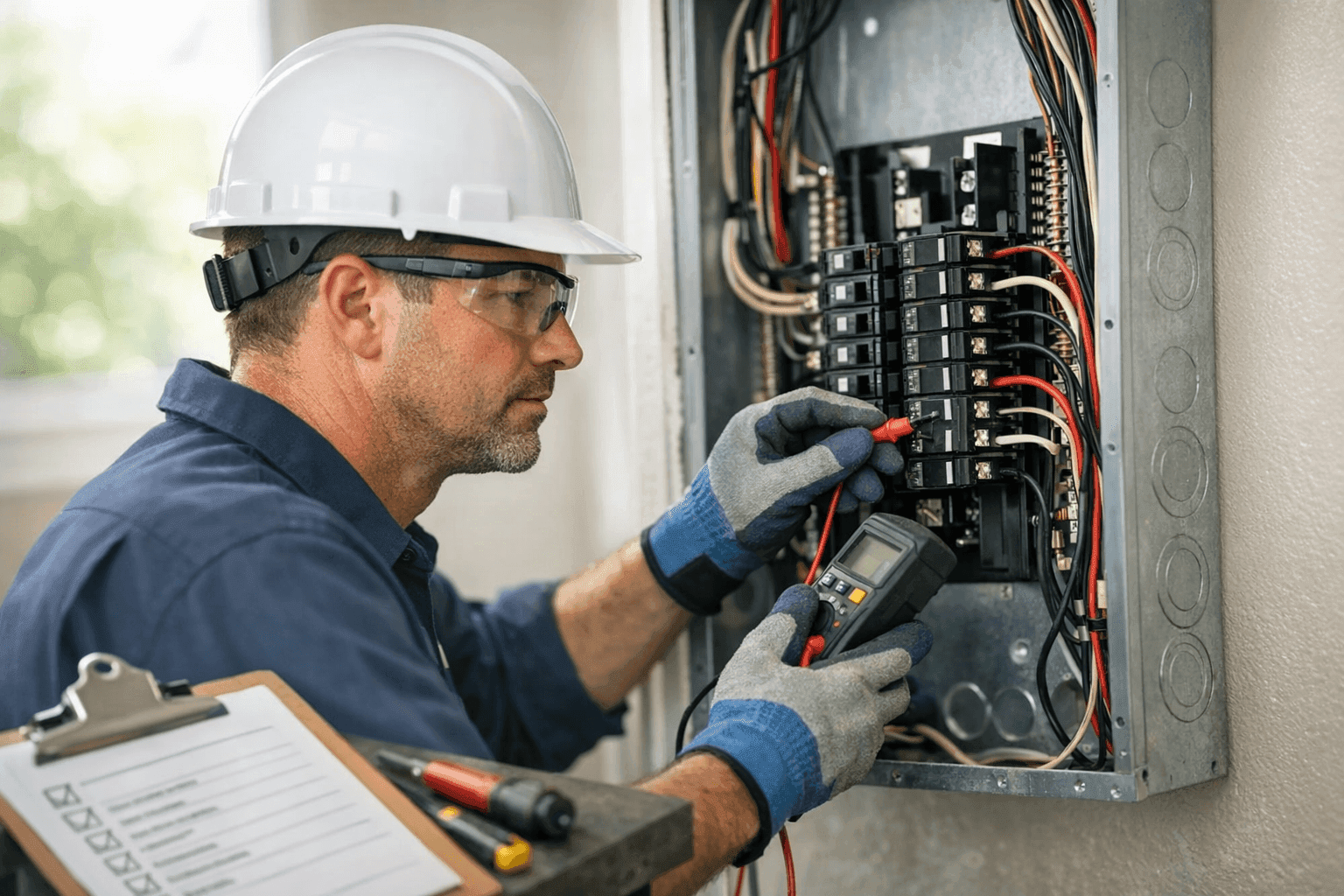 Electrician conducting regular safety check on electrical panel