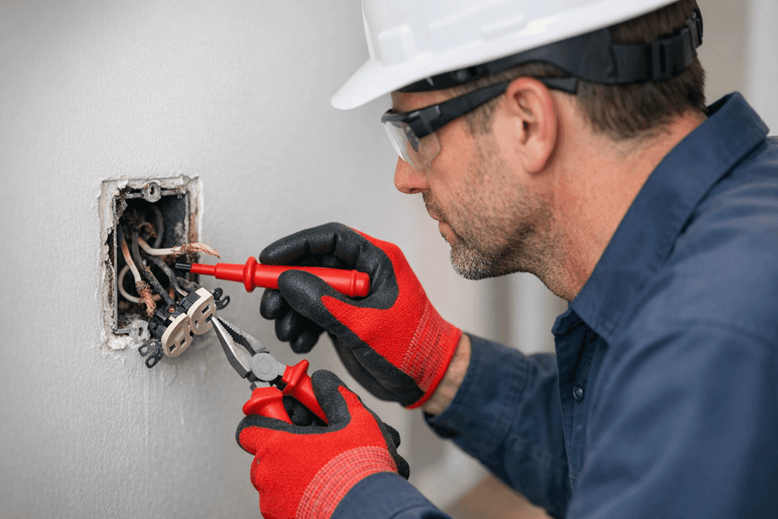 Electrician examining a faulty outlet with exposed wiring