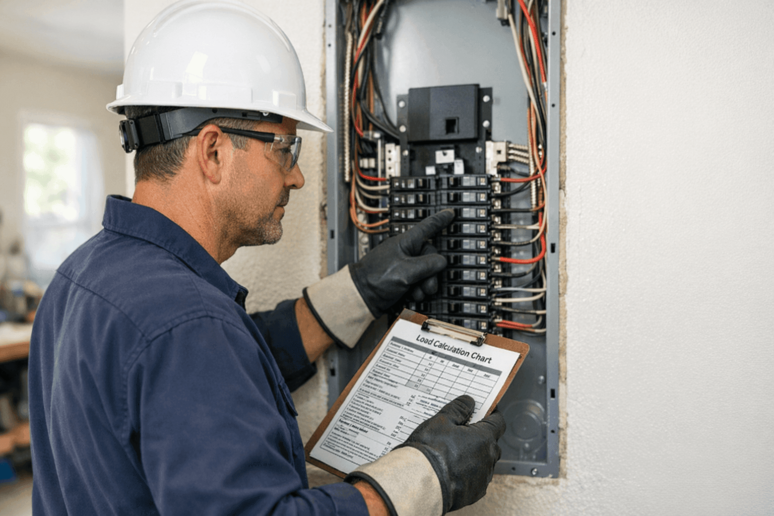 Electrician reviewing electrical load on residential panel