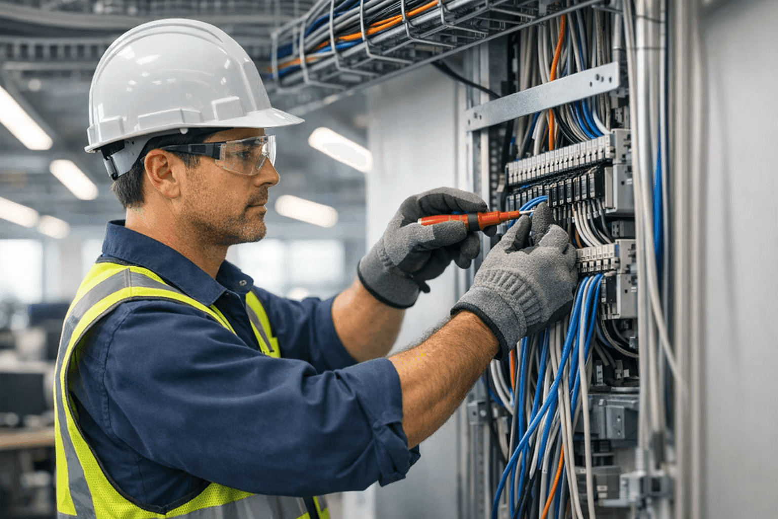 Electrician upgrading electrical systems in modern office