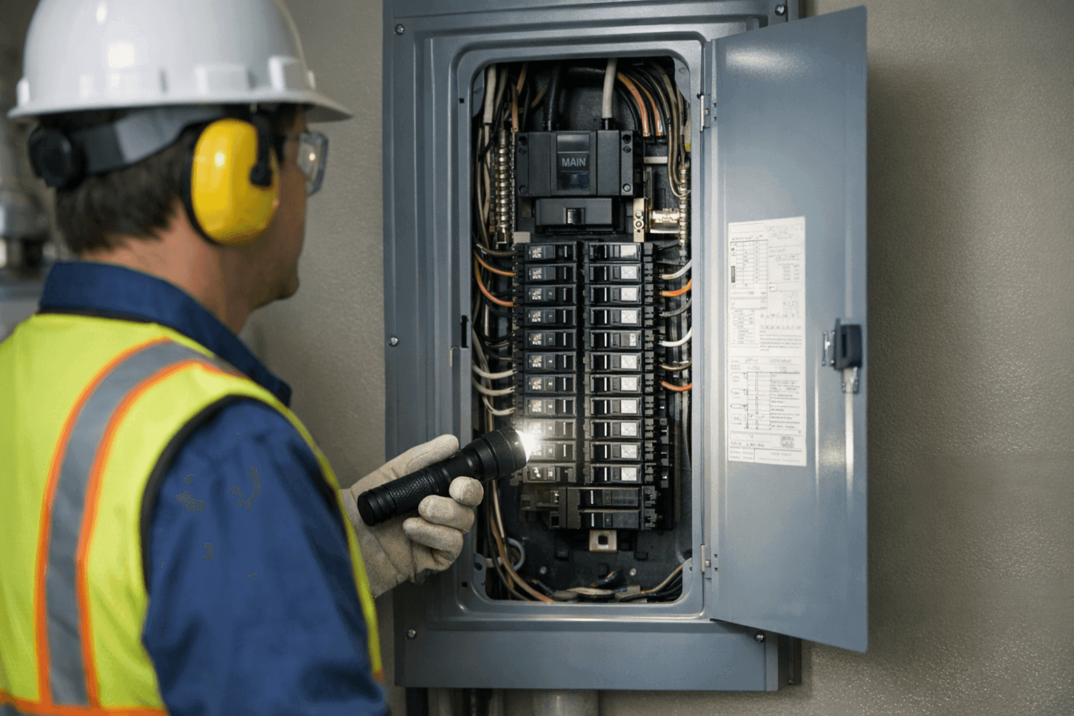 Homeowner using flashlight next to electrical panel during outage
