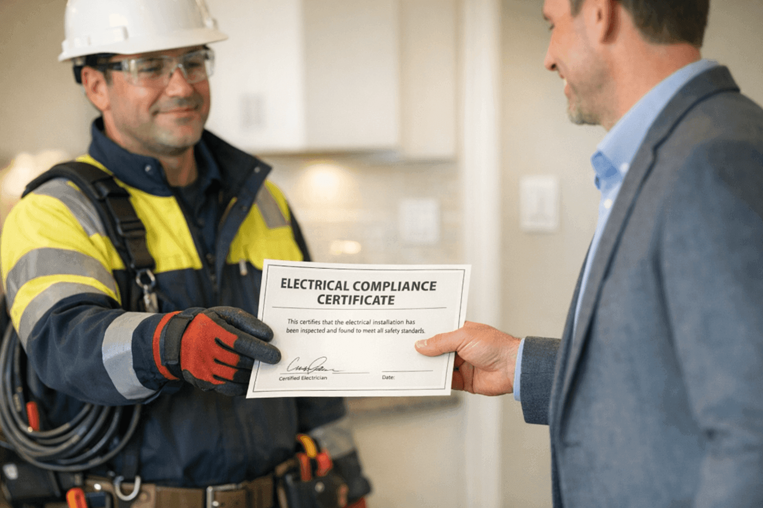 Electrician providing electrical compliance certificate to landlord